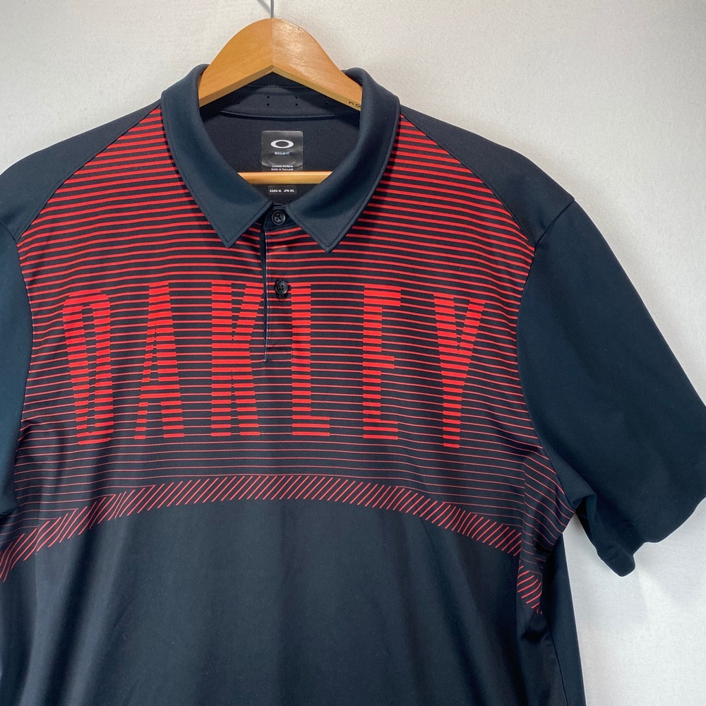 Oakley Graphic Logo Stripe Polo Shirt Mens XL Black Red Short Sleeve Regular Fit